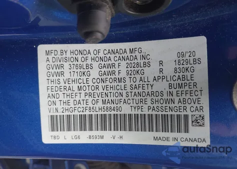 2020 Honda Civic Sport from USA, damaged, VIN 2HGFC2F85LH588490